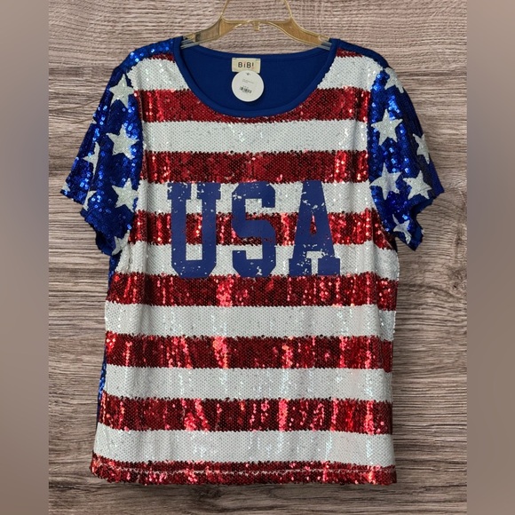 NWT BiBi Patriotic Flag Sequined Short Sleeve T-shirt SZ XL - Picture 1 of 5